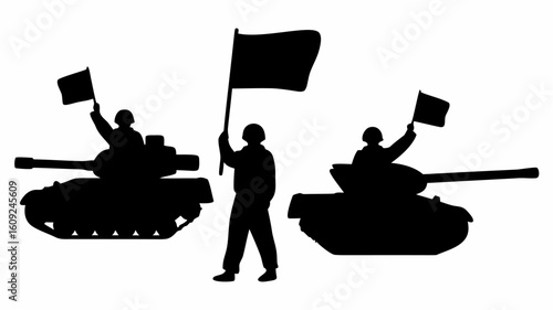 Silhouette illustration of two tanks with soldiers and one soldier holding a flag on a white background | editable eps vectors
