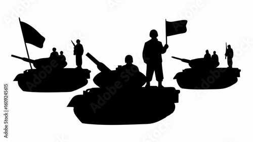 Silhouette of soldiers and tanks with flags conveying a sense of military presence and power display | editable eps vectors