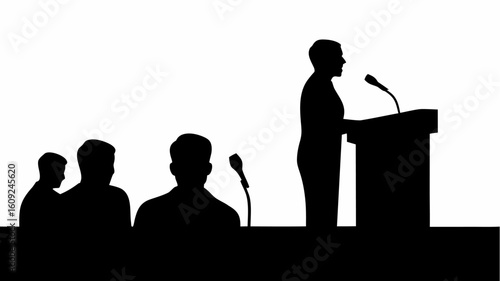 Silhouette of a speaker at a podium addressing an audience in a meeting or conference setting with microphones | editable eps vectors