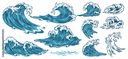 Stylized ocean waves in various shapes and sizes