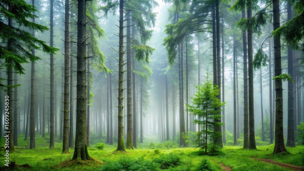 Naklejka premium Rainy day in a serene forest with misty fog and tall trees