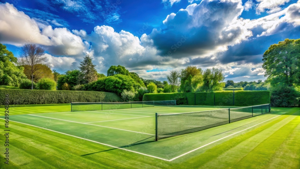 Fototapeta premium A tennis court with a net and surrounded by lush green grass and trees