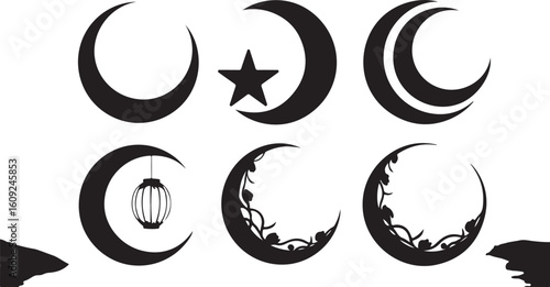 Crescent moons with star lantern and floral designs