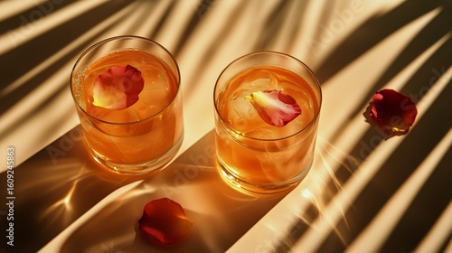 Refreshing Cocktails With Rose Petals on a Sunlit Table at a Summer Afternoon...