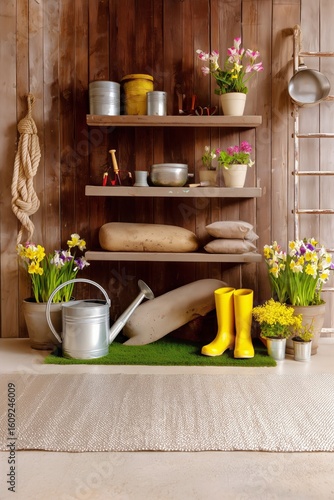 Gardening Tools and Colorful Flowers Displayed in a Rustic Shed for Springtim...