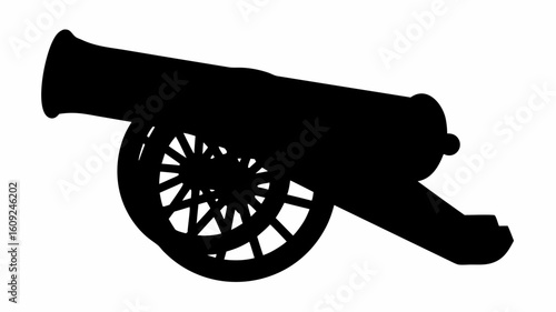 Silhouette of a cannon with spoked wheels ready for action in a vintage military illustration style | editable eps vectors
