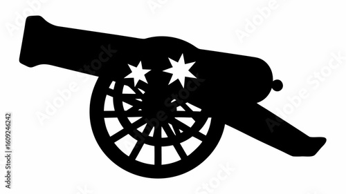 Silhouette of a cannon with a wheel and two stars on top against a white background image view | editable eps vectors