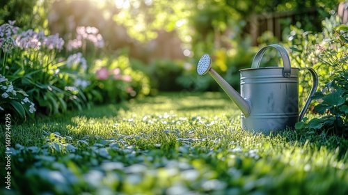 Metal Watering Can Placed in a Lush Garden During the Afternoon Sunlight