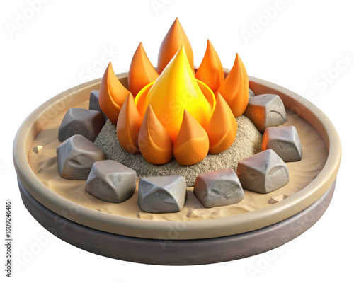 Stylized campfire illustration with cartoonish flames and rocks around a circular fire pit isolated on background