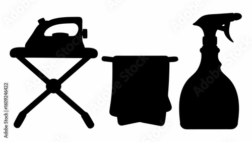 Silhouette illustration of an iron on an ironing board with a towel and spray bottle displayed | editable eps vectors