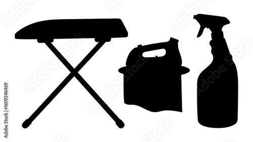 Silhouette of an ironing board, iron, and spray bottle, set against a stark white background image view | editable eps vectors