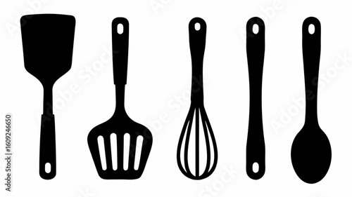 Silhouette illustration of five kitchen utensils including a spatula slotted turner whisk and spoon tool | editable eps vectors