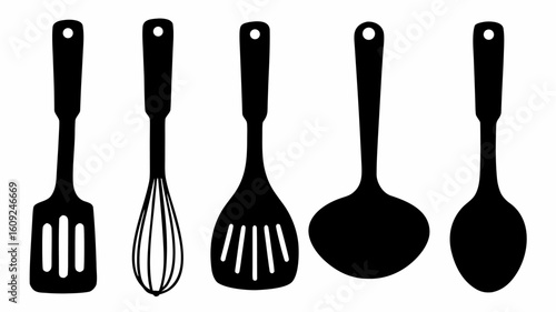 Illustration of five black kitchen utensils including a spatula whisk slotted spoon and ladle in a row | editable eps vectors silhouette