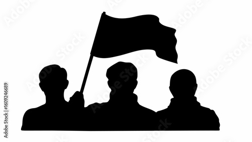 Silhouette illustration of three people protesting with a flag in a black and white design style | editable eps vectors