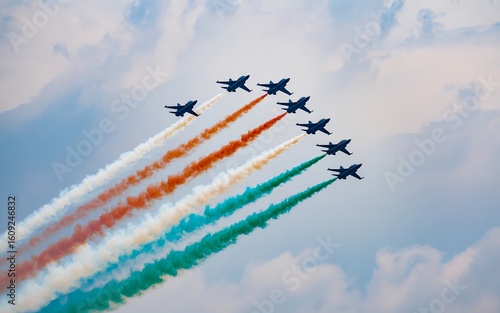 Fighter Jets Air Show with Tricolor Smoke Trails Representing Indian Air Force and Patriotism