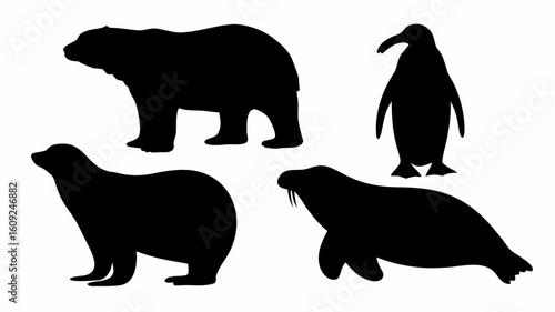 Silhouette depiction showcasing a polar bear seal walrus and penguin against a white background scene | editable eps vectors