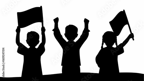 Silhouette image of children holding flags and raising their fists in the air in a show of solidarity | editable eps vectors