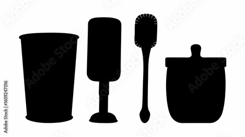 Silhouette illustration of a cup, immersion blender, brush, and a container with a lid in black | editable eps vectors