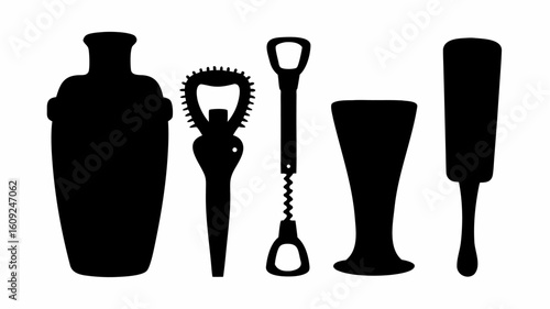 Silhouette illustration of a cocktail shaker bottle opener corkscrew glass and muddler in black | editable eps vectors