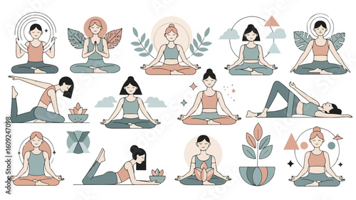 Stylized Yoga Pose and Meditation Vector with Nature Elements