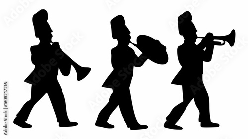 Silhouette illustration of marching band members playing instruments in uniform against white background | editable eps vectors