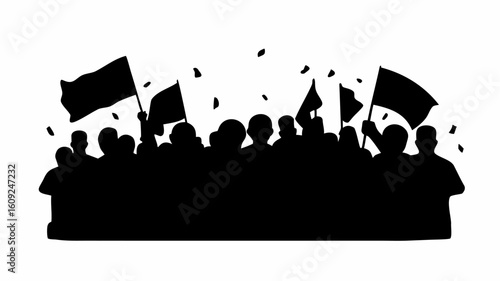 Silhouette of a crowd of people holding flags and confetti in the air during a celebration event | editable eps vectors