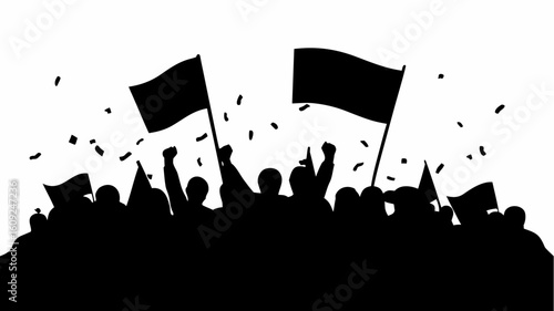 Silhouette illustration of a crowd of people cheering and holding flags with confetti falling down around them | editable eps vectors