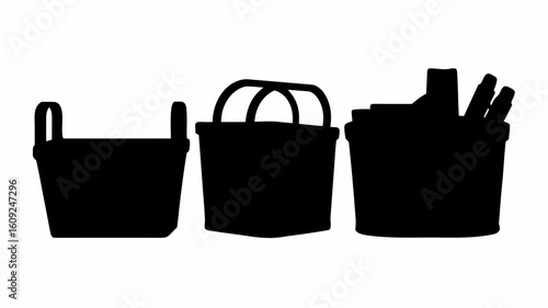Silhouette illustration of three containers including two empty baskets and one filled with items visible | editable eps vectors