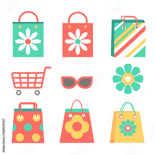Collection of colorful shopping bags with floral patterns and sunglasses gift bag retail