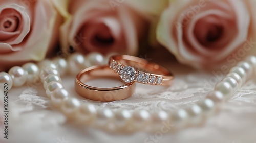 Beautiful Wedding Rings Beside Delicate Pink Roses on a Lace Background.