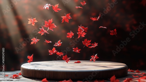 Red Maple Leaves Floating Above a Wooden Surface During Autumn.