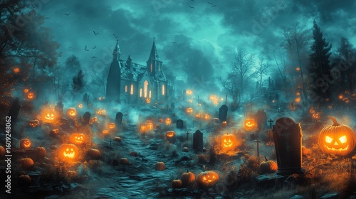Dark and Spooky Halloween Night With Glowing Pumpkins in a Haunted Graveyard ...