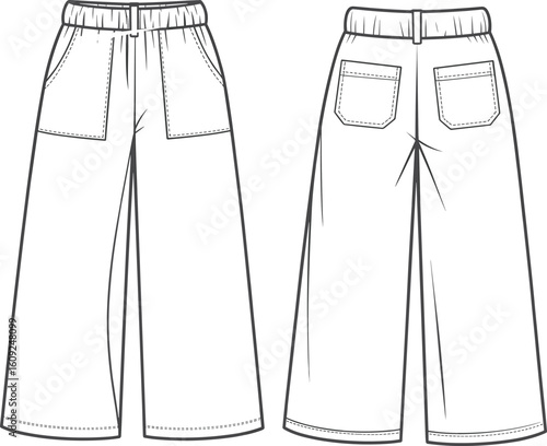 Flat vector CAD drawing of women’s wide-leg pants with elastic waistband, front patch pockets, and back patch pockets