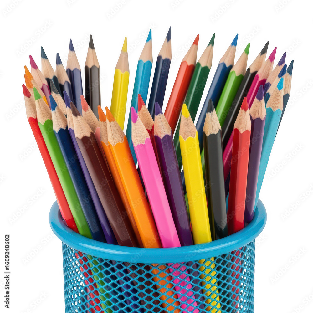 Fototapeta premium Collection of multi-colored wooden pencils standing in a bright blue cup against a clean white background, symbolizing creativity and education