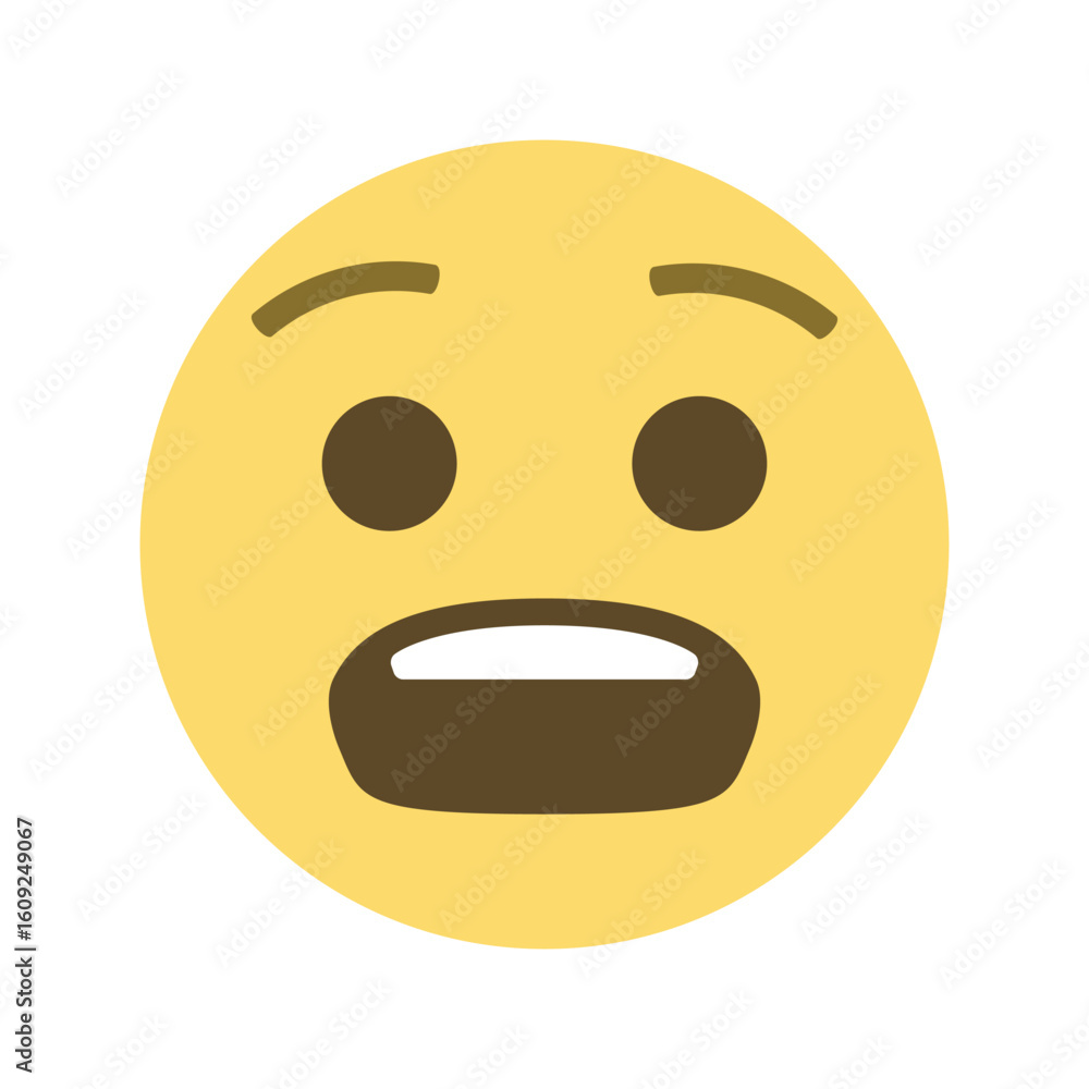 Fototapeta premium A yellow emoji face with wide open mouth and eyes showing shock or surprise on a white background