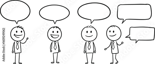 Hand drawn business stick figures with speech bubbles, cartoon sketch communication concept, office teamwork, talking, chatting, messaging, comic characters.