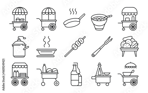 Street Food & Market Stall Icons: Food Cart, Skewer, Pan, Bowls, Bottles. Asian Cuisine Vector Set