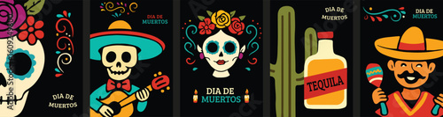 Colorful Día de Muertos Poster Set with Mexican Icons , flat illustration style with bright colors, perfect for celebrating this iconic Mexican holiday.