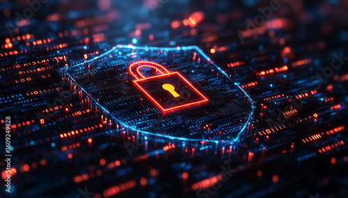 Cyber Security concept Padlock displays in futuristic design, represents data protection. For marketing, editorial, web use.