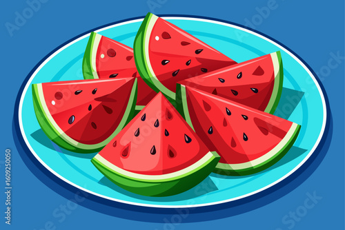 vector of Fresh red juicy watermelon slices on plate, top view. Fresh summer fruit snack. Sticks in hot weather...