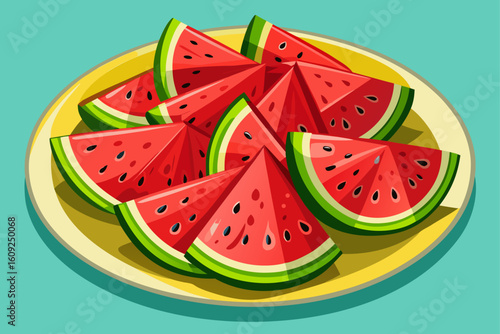 vector of Fresh red juicy watermelon slices on plate, top view. Fresh summer fruit snack. Sticks in hot weather...