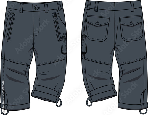 Flat vector CAD illustration of dark cargo cropped pants with zipper pockets, flap back pockets, belt loops, and rolled hems