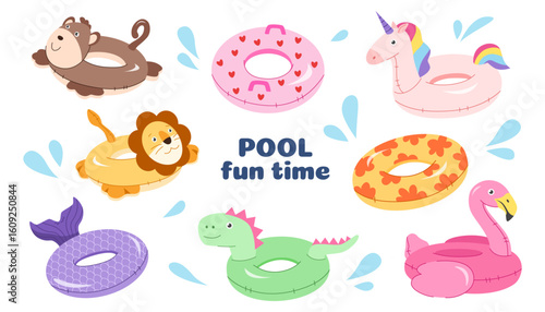 Set of inflatable swimming rings. Unicorn, lifebuoy, mermaid, lion, monkey, dinosaur. Cute swimming ring