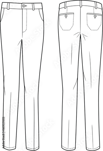 Flat vector CAD illustration of slim fit formal trousers with back welt pockets, front button closure, clean line design, technical sketch