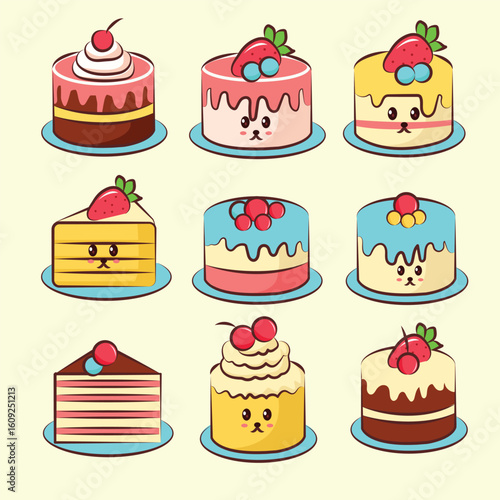 set of collection cute cartoon cake birthday cake vector for logo