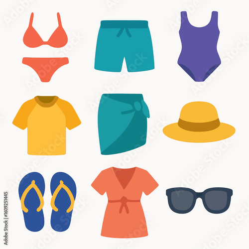 Colorful Summer Clothing and Accessories Flat Lay for Vacation or Beach Fashion