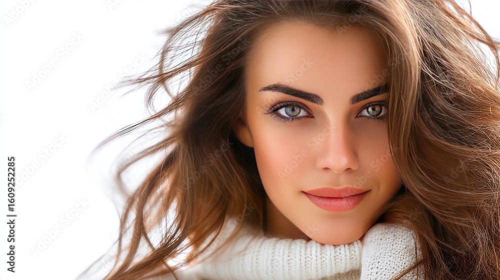 Naklejka premium Beauty's Gaze: A close-up portrait of a woman with striking features, her eyes captivating as a testament to natural beauty and serenity.