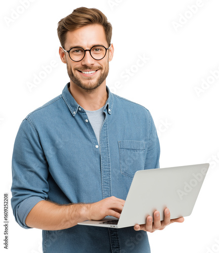 A smiling man in his thirties, wearing glasses and a blue shirt, is holding an open laptop computer on a transparent background