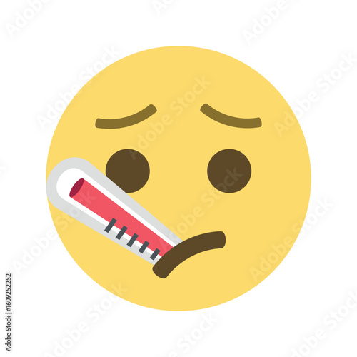Yellow circular emoji with thermometer in mouth displaying sickness and a sad facial expression shown