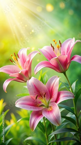 Elegant delicate pink lily flowers blooming in a lush green garden